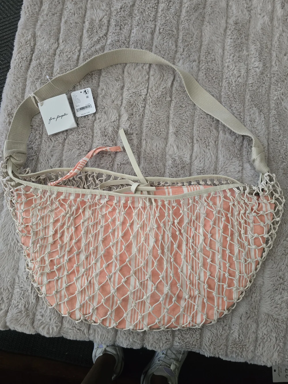 Free People Cream Net Knotted Hobo Shoulder Bag Drawstring Striped Orange Lining